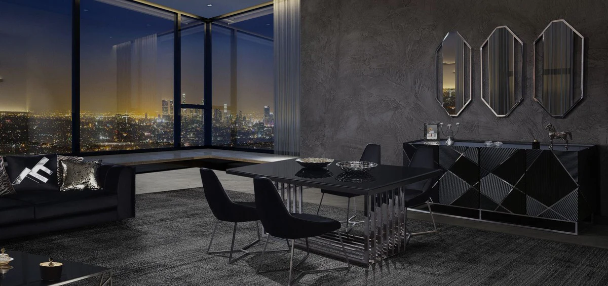 Casa Padrino mesa de comedor de lujo plata / negro 200 x 100 x A. 77 cm - Mesa de cocina rectangular de acero inoxidable con tapa de vidrio - Muebles de comedor de lujo