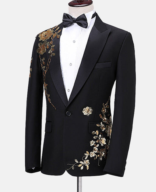 Elegant Floral Sequin Lapel Collar Blazer & Pants 2Pcs Set