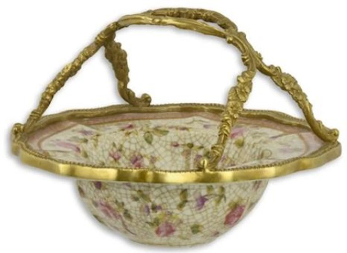 Casa Padrino cuenco decorativo Art Nouveau multicolor / oro Ø 16,2 x A. 11.4 cm - Cuenco redondo de porcelana con diseño de flores y elegante asa - Accesorios Decorativos