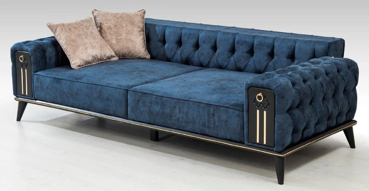 Casa Padrino sof¨¢ cama Chesterfield de lujo azul / negro / oro 220 x 90 x A. 80 cm - Sof¨¢ de sal¨®n moderno - Muebles de Sal¨®n Chesterfield