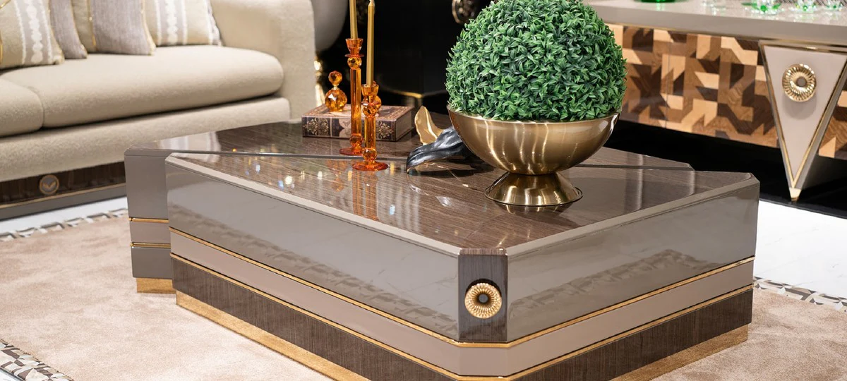 Casa Padrino conjunto de 2 mesas de centro de lujo marr¨®n / gris / oro - Mesas de sal¨®n de madera maciza de lujo - Muebles de sal¨®n - Muebles de lujo