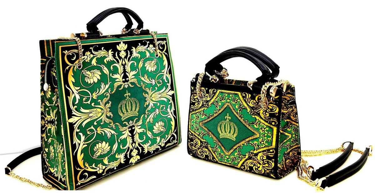 Pomp??s by Casa Padrino Conjunto de Bolsos de Lujo de Mujer Flores Barrocos con Corona y Pedrer¨ªa Verde / Negro / Oro - Bolsos de mujer pomposos dise?ados por Harald Gl??ckler