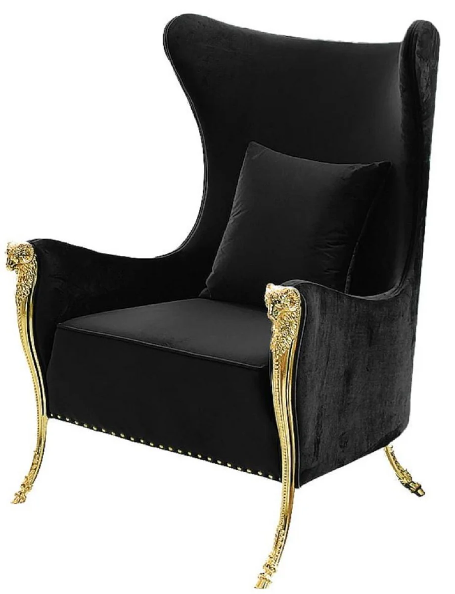 Casa Padrino sill¨®n de orejas de lujo negro / oro 78 x 88 x A. 113 cm - Sill¨®n de sal¨®n moderno con tela de terciopelo - Muebles de sal¨®n modernos