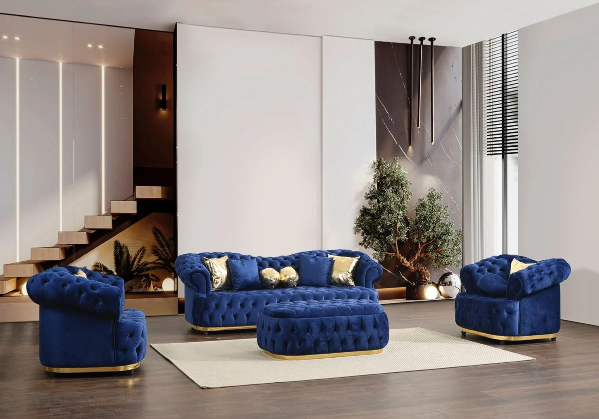 Casa Padrino taburete Chesterfield de lujo de terciopelo azul / oro 110 cm