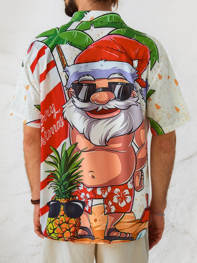 Mens Christmas Santa Surfing Print Front Buttons Soft Breathable Chest Pocket Casual Hawaiian Shirt