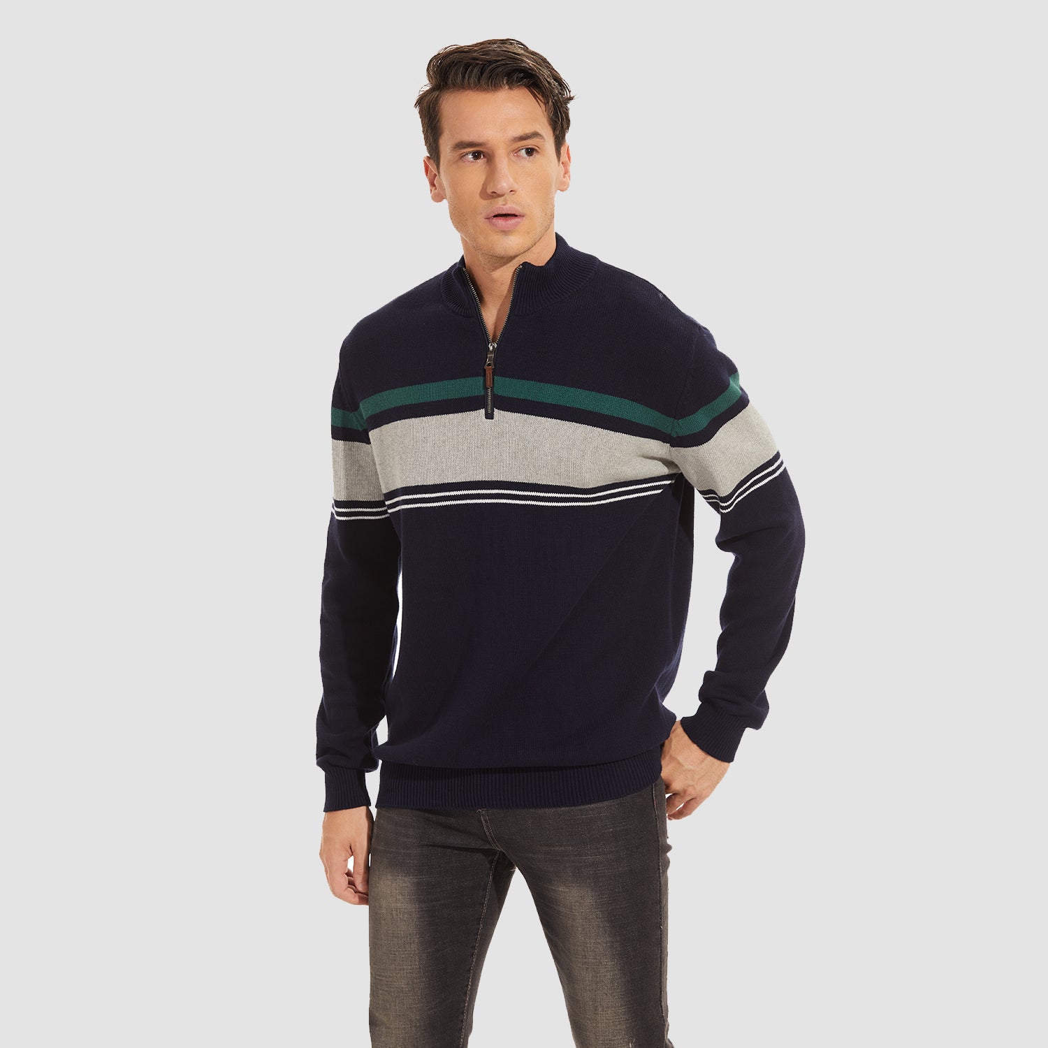 Men's Sweater Half Zipper Turtleneck Warm Pullover Slim Fit Casual Comfortable Striped Knitted Sweaters