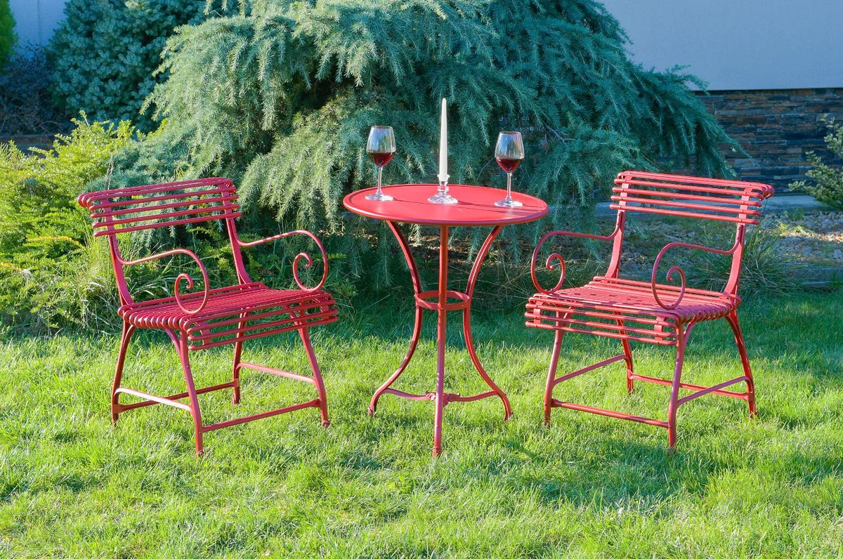 Casa Padrino conjunto de muebles de jard¨ªn Art Nouveau rojo - 1 Mesa Bistr¨® Redonda de Jard¨ªn y 4 Sillas de Jard¨ªn con Reposabrazos - Muebles de Jard¨ªn Barrocos y Art Nouveau