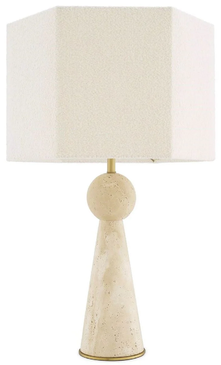 Casa Padrino lámpara de mesa de lujo beige / latón antiguo / crema 40 x 40 x A. 78,5 cm - lámpara de escritorio de travertino con pantalla hexagonal - Lámparas de mesa de lujo