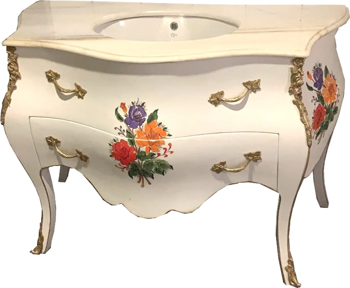 Lavabo barroco de lujo Casa Padrino blanco / pintura de flores con encimera de mármol - muebles de baño barrocos de lujo