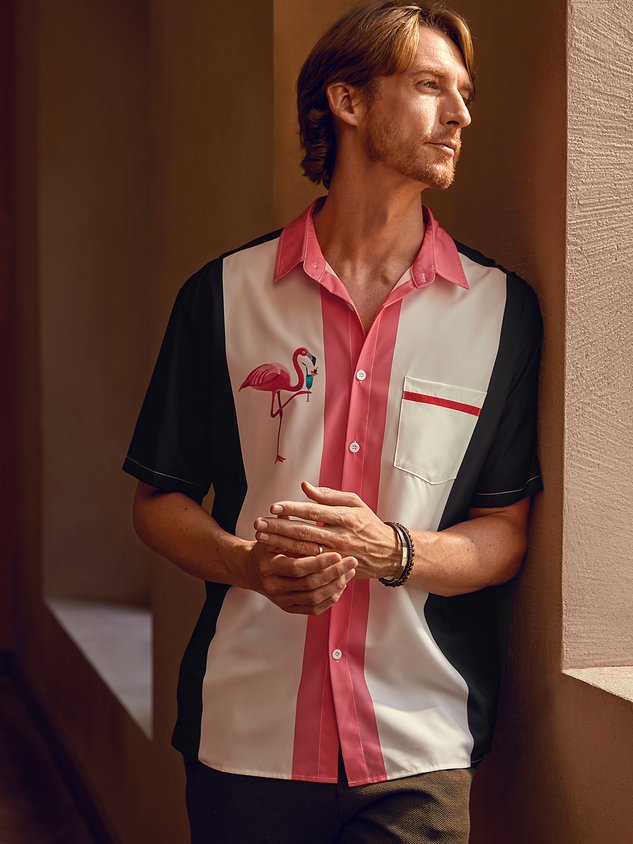 Flamingo Chest Pocket Short Sleeve Bowling Shirt