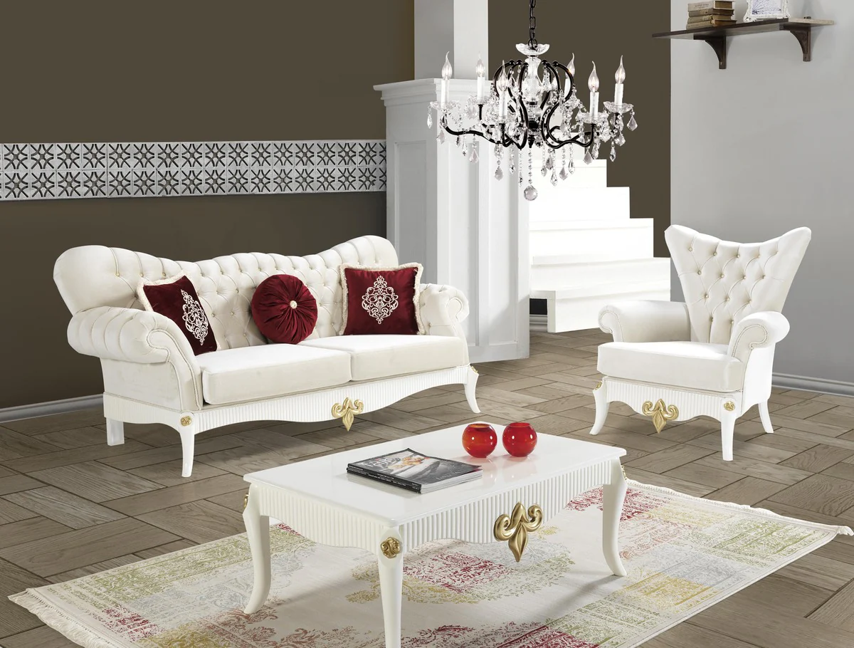 Casa Padrino conjunto de sala de estar barroco crema / blanco / oro - 2 Sof¨¢s y 2 Sillones y 1 Mesa de Centro - Muebles de sal¨®n nobles de estilo barroco
