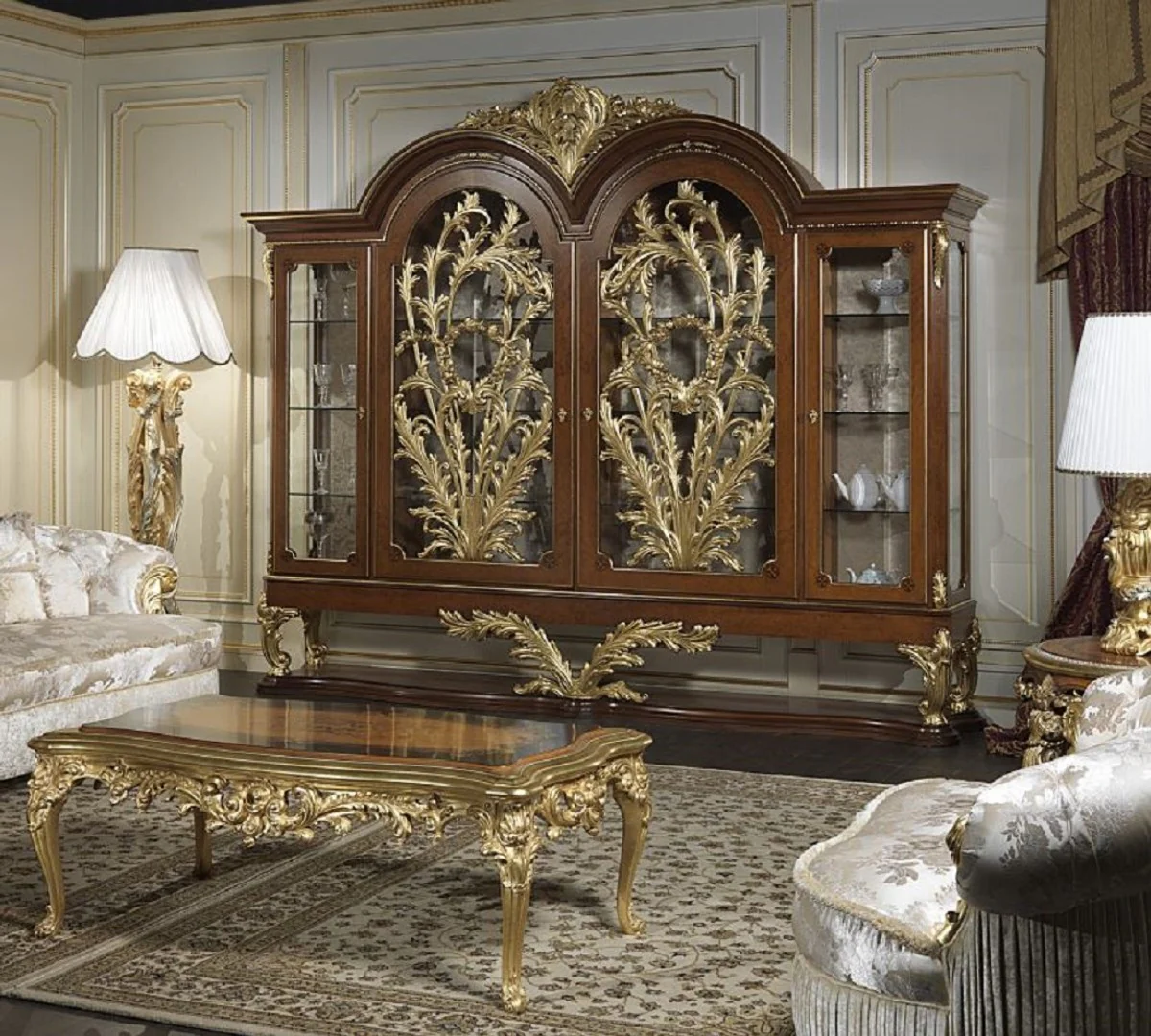 Casa Padrino vitrina barroco de lujo marr¨®n / oro 308 x 50 x A. 242 cm - Vitrina noble de madera maciza con 4 puertas - Muebles de Restaurante de Hotel de Castillo - Calidad de lujo - Hecho en Italia