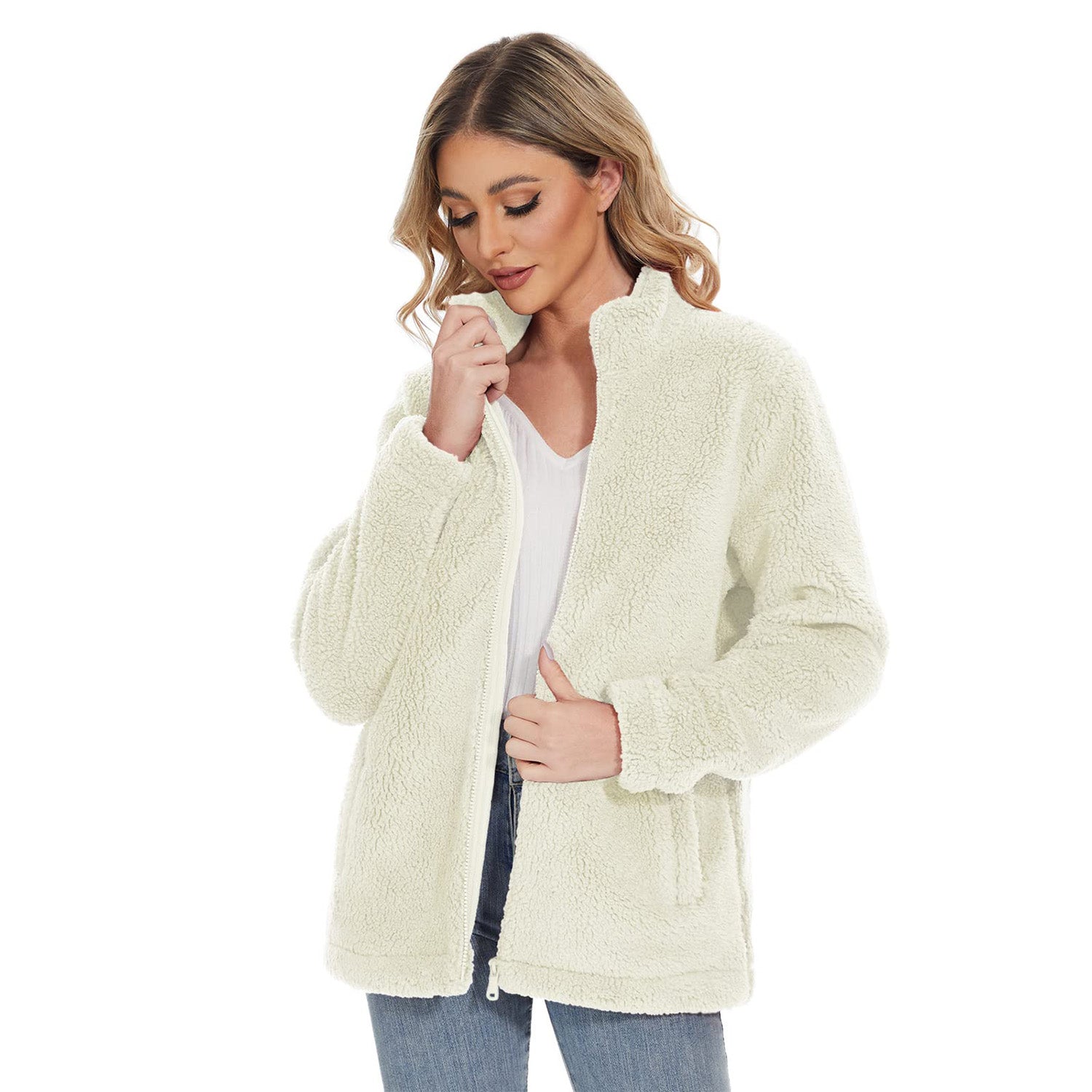 Women Sherpa Jacket Full-Zip Fuzzy Fleece Teddy Casual Coats Zip Pockets Winter Warm Soft Jackets