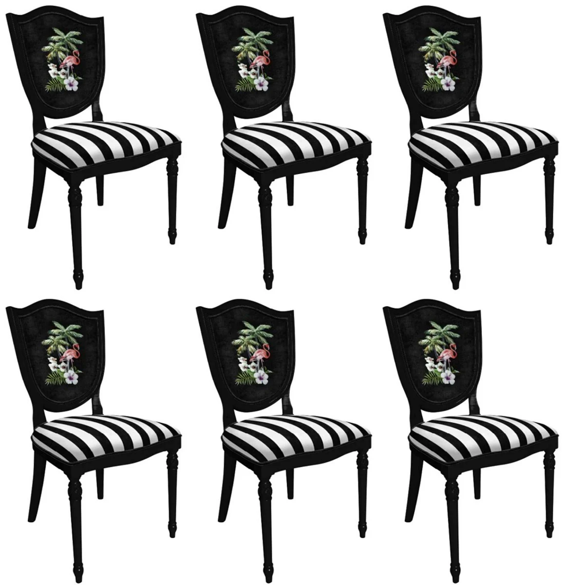 Casa Padrino conjunto de sillas de comedor Art D¨¦co blanco / multicolor / negro - 6 sillas de cocina Art D¨¦co hechas a mano con dise?o y rayas - Muebles de comedor Art D¨¦co