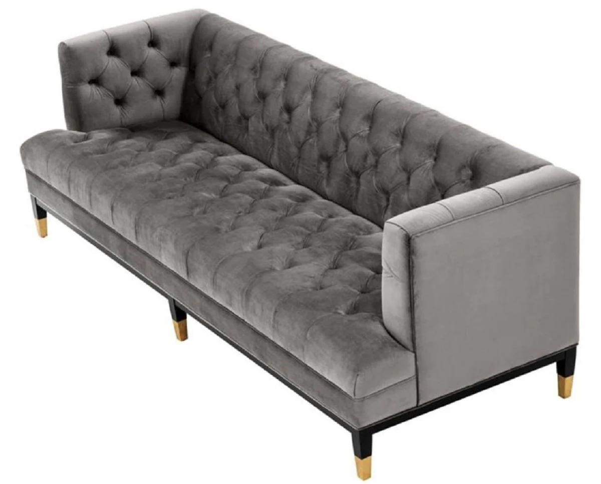 Casa Padrino sofá de la sala de estar de lujo gris / negro / latón 230 x 85 x H. 79 cm - Sofá Chesterfield de Terciopelo