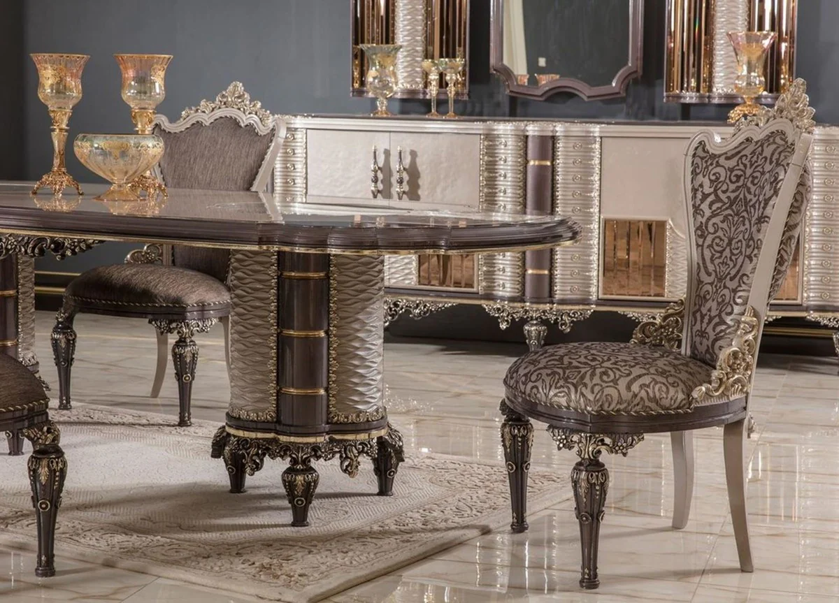 Casa Padrino conjunto de 6 sillas de comedor barrocos de lujo gris / marr¨®n / oro A. 110 cm - Muebles de comedor barrocos