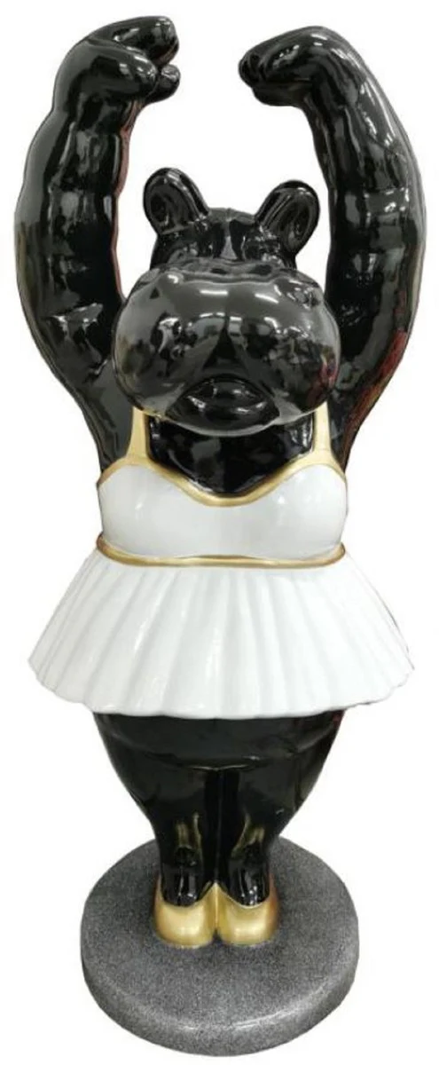 Casa Padrino escultura decorativa de lujo hipopótamo bailarina negro / blanco / oro / gris 43 x 43 x H. 98 cm - Figura decorativa resistente a la intemperie - Decoración salón - Decoración jardín