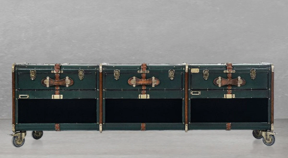 Casa Padrino armario TV de lujo en óptica maleta verde / marrón / latón 201 x 48 x A. 65 cm - Armario maleta de madera maciza con ruedas - Mueble de salón - Muebles de lujo en óptica maleta