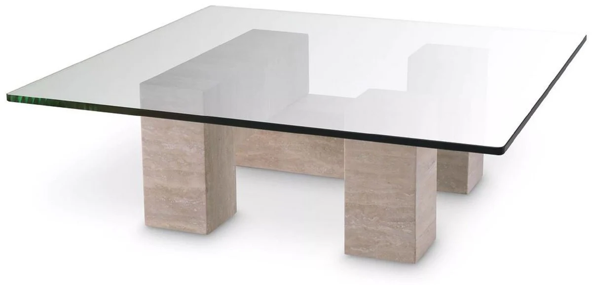 Casa Padrino mesa de centro de travertino de lujo beige 100 x 100 x A. 32 cm - Mesa de sal¨®n cuadrada de piedra natural con tapa de vidrio - Muebles de sal¨®n - Muebles de lujo - Instalaci¨®n de lujo