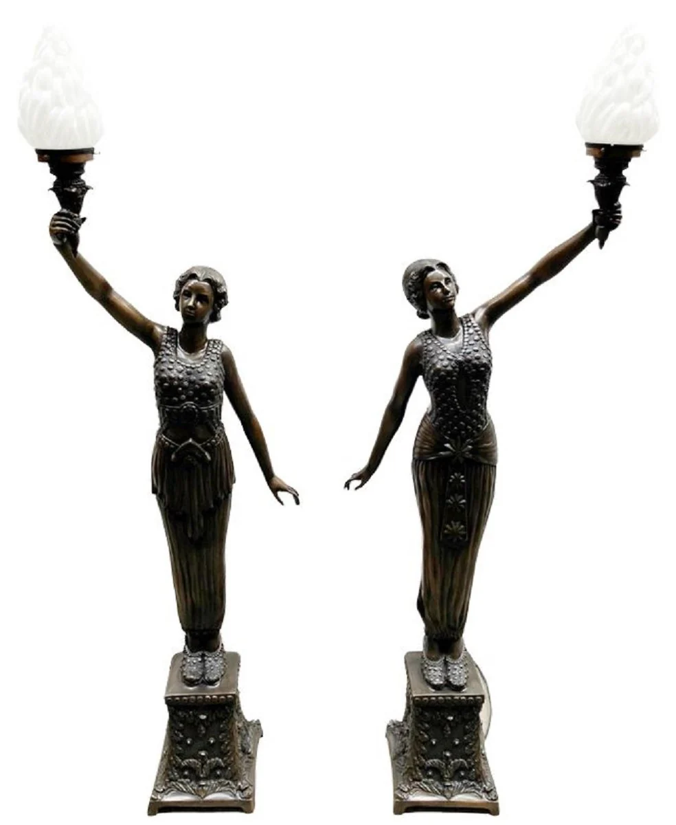 Casa Padrino lámparas de pie barrocos de lujo damas con antorchas bronce / blanco 65 x 30 x A. 190 cm - Elegantes esculturas decorativas en bronce - Magníficas luces barrocos de bronce