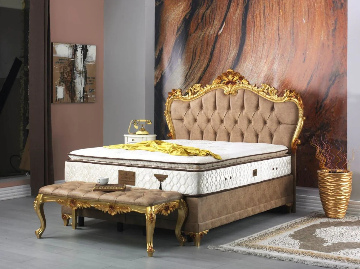 Casa Padrino cama doble barroco marrón / oro - Cama de terciopelo adornada con colchón - Conjunto de dormitorio de estilo barroco - Muebles de Dormitorio