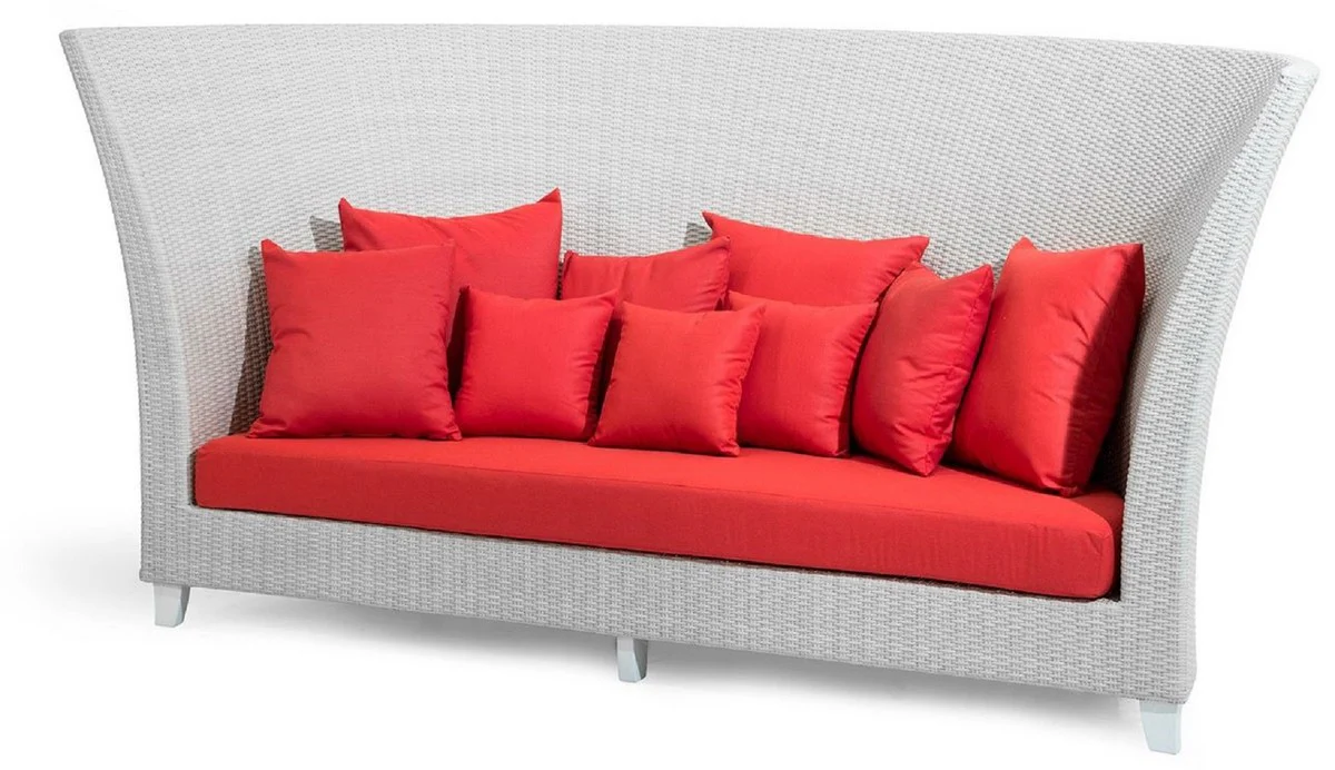Casa Padrino sofá de jardín de lujo blanco / rojo 277 x 123 x A. 133 cm - Sofá de respaldo alto tejido a mano resistente a la intemperie con cojines - Muebles de jardín modernos - Muebles de hotel