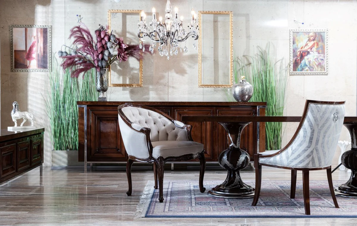 Casa Padrino silla de comedor barroco de lujo con reposabrazos blanco / marr¨®n oscuro - Magn¨ªfica silla de madera maciza barroco - Muebles de comedor barrocos