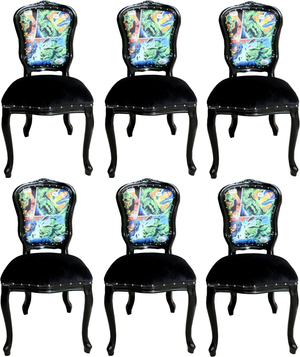 Casa Padrino Conjunto de Sillas de Comedor Barroco de Lujo Comic Multicolor / Negro 55 x 54 x H. 103 cm - 6 Sillas de Comedor Hechas a Mano - Sillas de Dise?o - Muebles de Comedor Barrocos