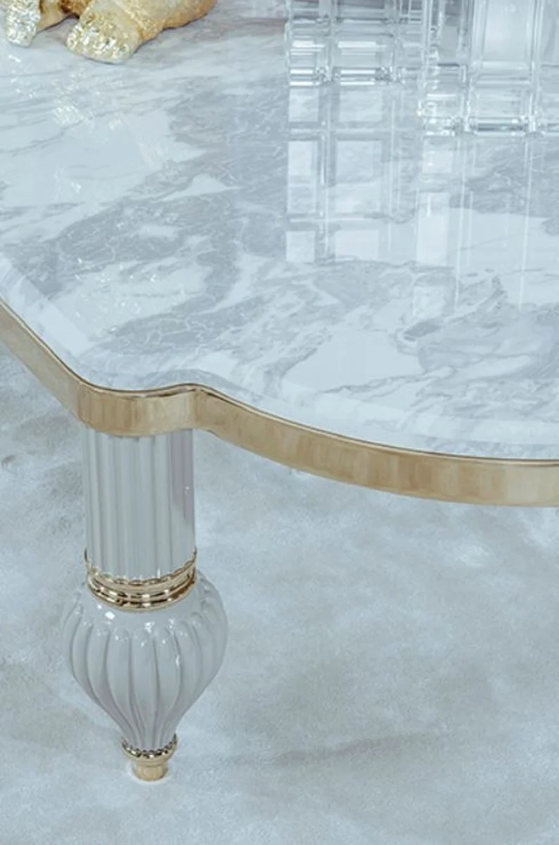 Casa Padrino mesa de centro Art Deco de lujo gris / blanco / oro 160 x 87 x A. 46 cm - Magn¨ªfica mesa de sal¨®n de madera maciza con tablero de m¨¢rmol artificial - Muebles de Sal¨®n Art Deco