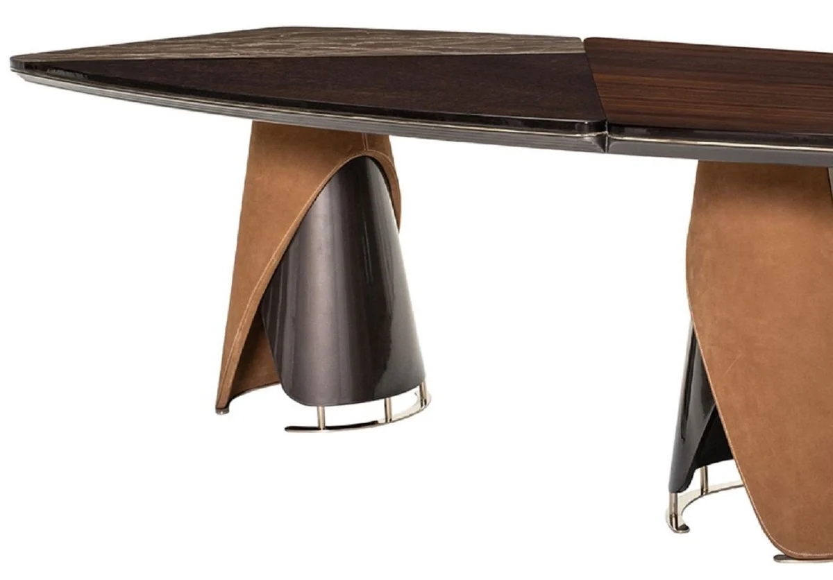 Casa Padrino mesa de comedor de lujo marr¨®n oscuro / gris / marr¨®n claro / oro 240 x 113 x A. 79,5 cm - Mesa de comedor de madera maciza con tablero de aspecto m¨¢rmol - Muebles de comedor de lujo