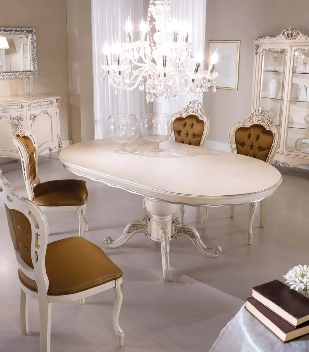 Casa Padrino mesa de comedor barroco de lujo crema / plata - Mesa de comedor extensible ovalada de madera maciza de estilo barroco - Muebles de comedor barrocos - Calidad de Lujo - Hecho en Italia