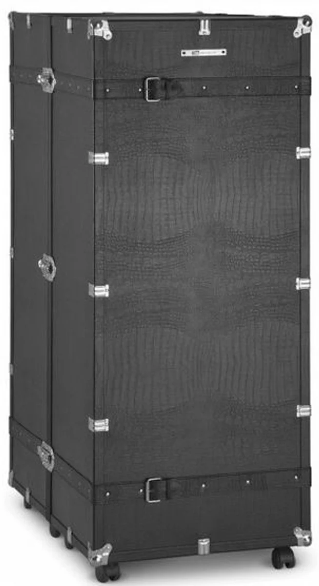 Casa Padrino gabinete de la maleta de cuero sint¨¦tico de lujo con ruedas negro / plata 60 x 86 x A. 143 cm - Gabinete de la Maleta en Estilo Vintage - Accesorios de Lujo