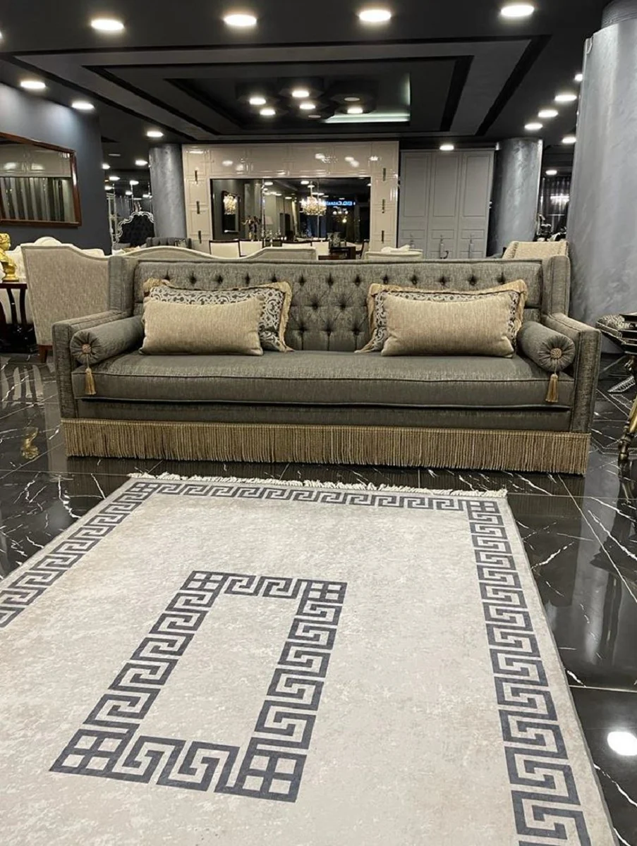 Casa Padrino sof¨¢ Art Deco Chesterfield de lujo gris / beige - Sof¨¢ de sal¨®n de madera maciza hecho a mano - Muebles de Sal¨®n Art Deco Chesterfield de Lujo