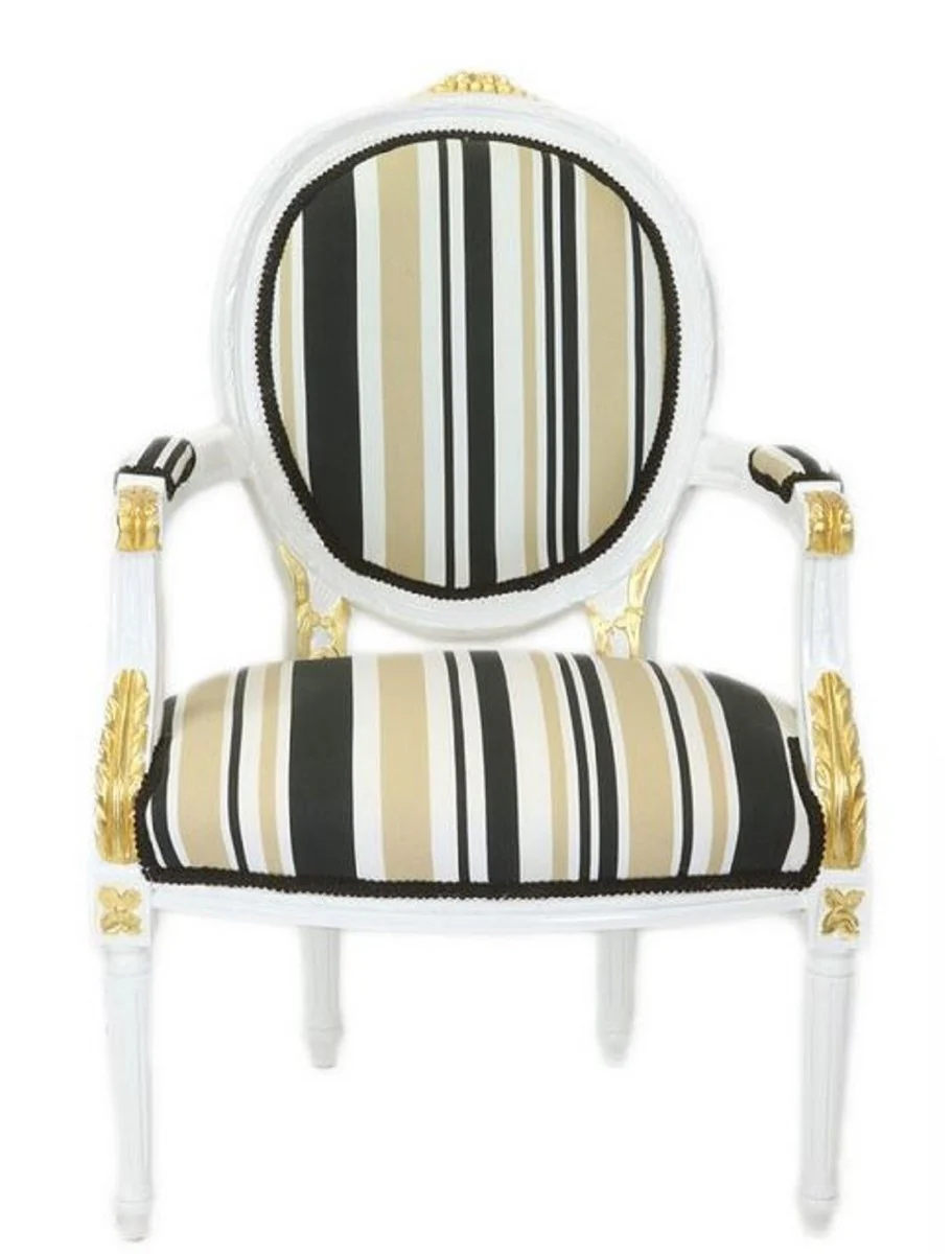 Casa Padrino silla de sal¨®n barroco blanco / oro / multicolor 50 x 50 x H. 105 cm - Silla Barroco a Rayas con Reposabrazos - Muebles Barrocos
