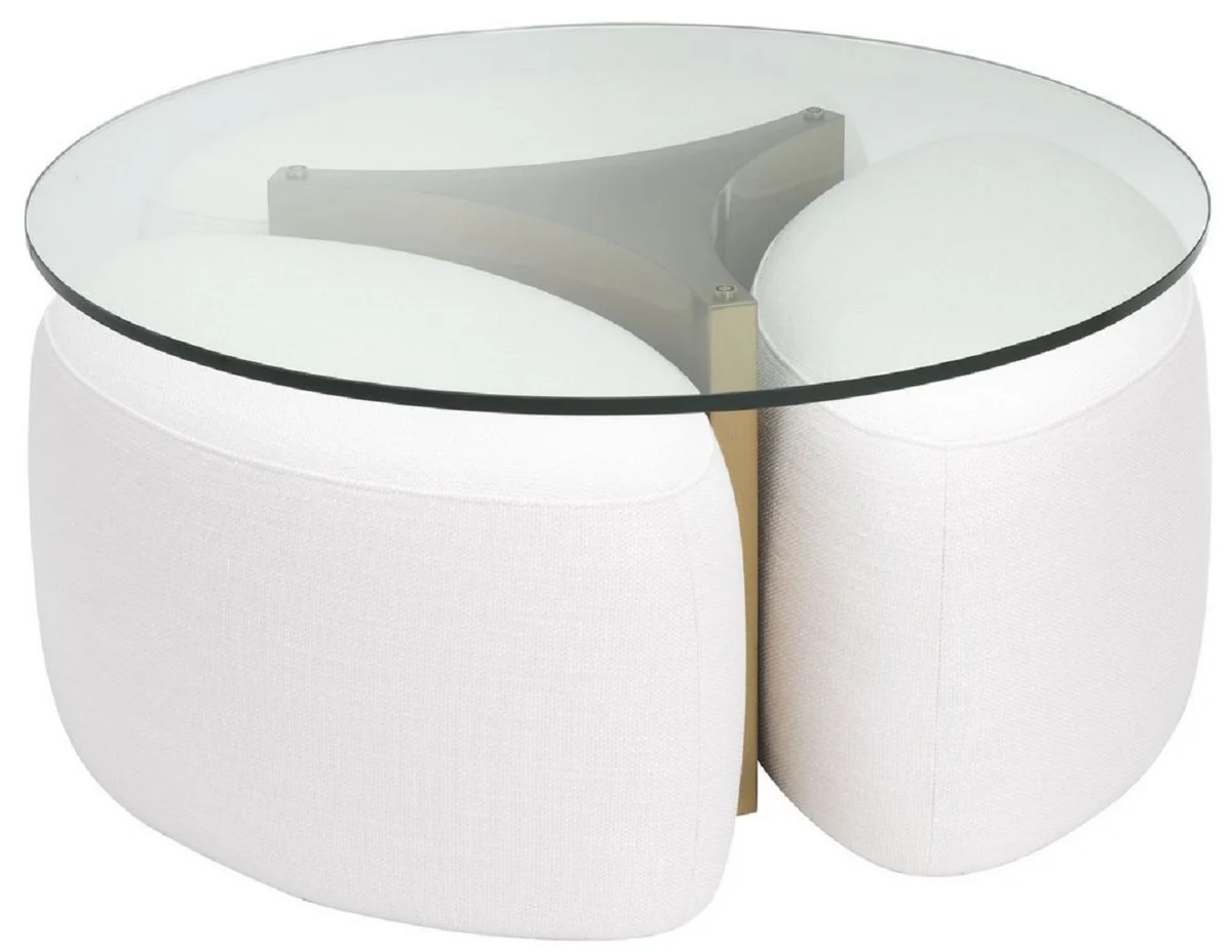 Casa Padrino mesa de centro de lujo blanco / lat¨®n antiguo ? 104 x A. 46,5 cm - Mesa de sal¨®n redonda de acero inoxidable con tapa de vidrio y 3 taburetes elegantes - Muebles de sala - Muebles de lujo