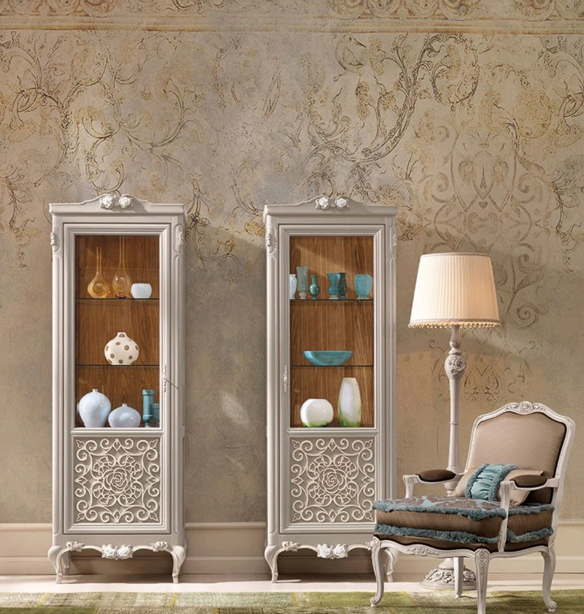 Casa Padrino vitrina barroco de lujo gris / crema / marr¨®n - Vitrina de estilo barroco italiano - Muebles barrocos italianos - Muebles de estilo barroco - Calidad de Lujo - Hecho en Italia