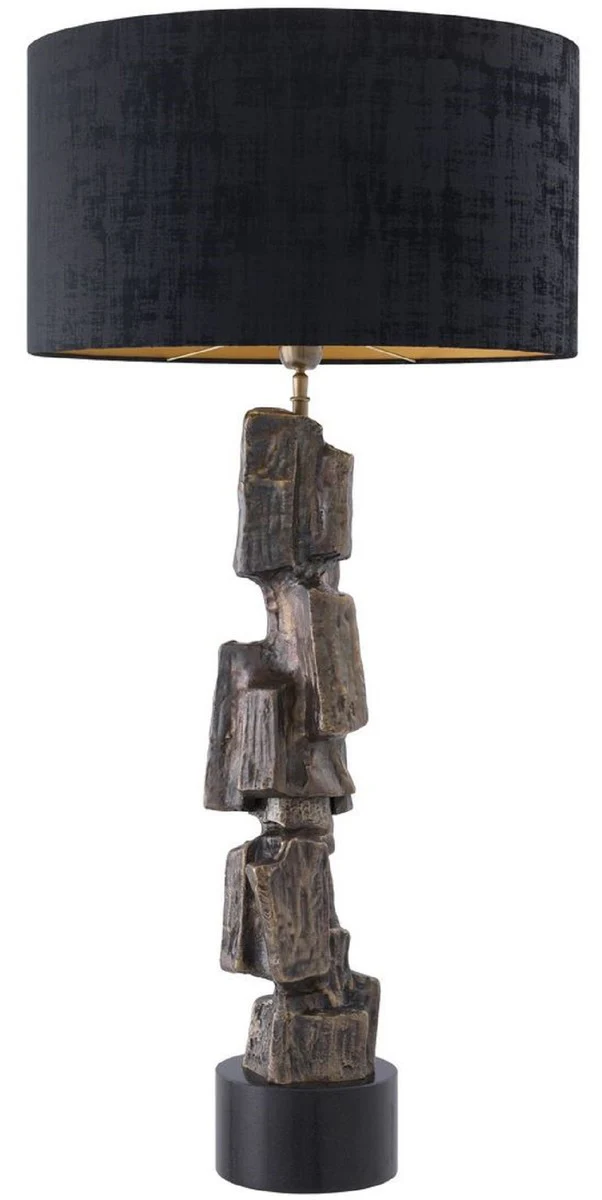 Casa Padrino lámpara de mesa de lujo latón vintage / negro Ø 55 x A. 113 cm - Lámpara de mesa moderna con base de granito y pantalla redonda - Lámpara de salón