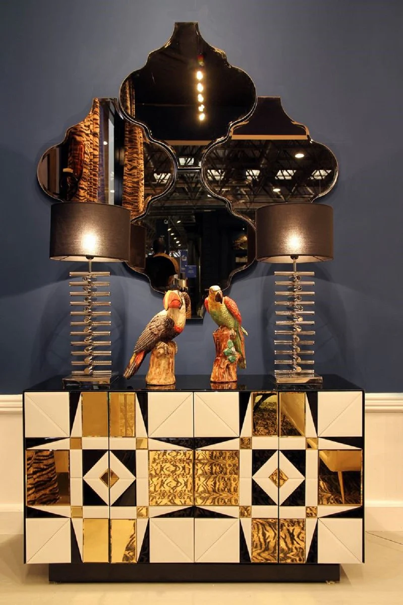 Casa Padrino aparador de lujo negro / blanco / oro 140 x 45 x A. 80 cm - Armario de madera maciza con 4 puertas espejadas - Muebles de Lujo