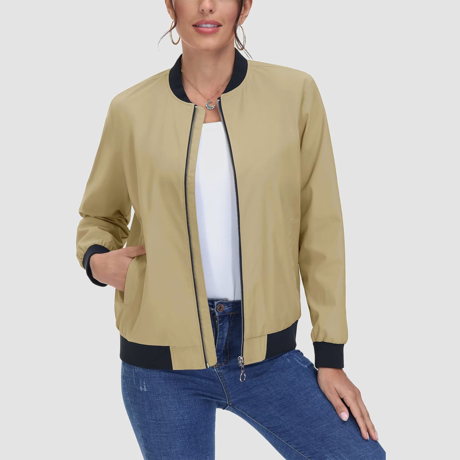 Women's Bomber Jacket Casual Zip Up Lightweight Coat Outerwear Windbreaker