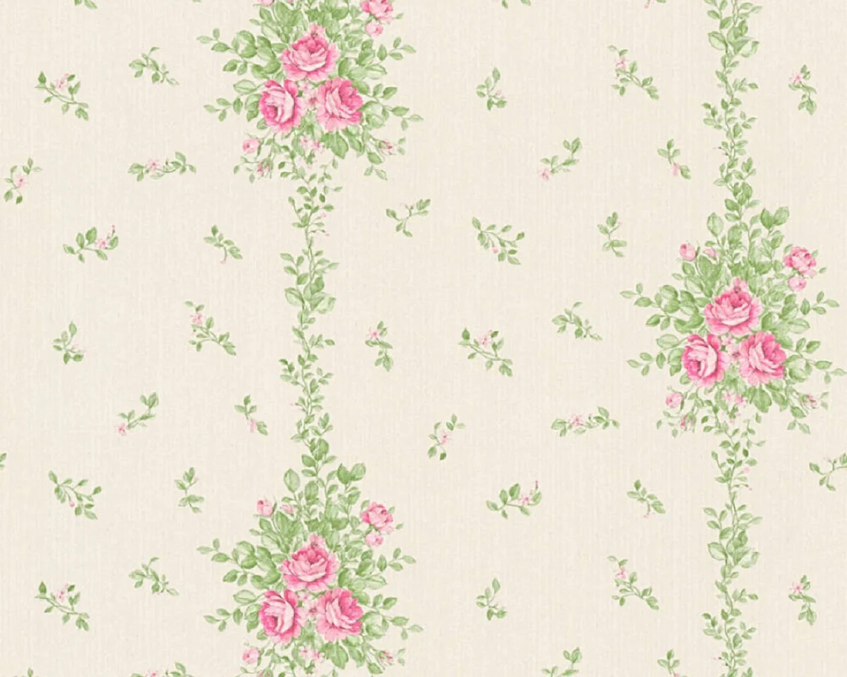 Casa Padrino papel pintado barroco no tejido crema / verde / rosa - Papel pintado de salón de estilo barroco con elegante patrón floral - Decoración de pared barroco