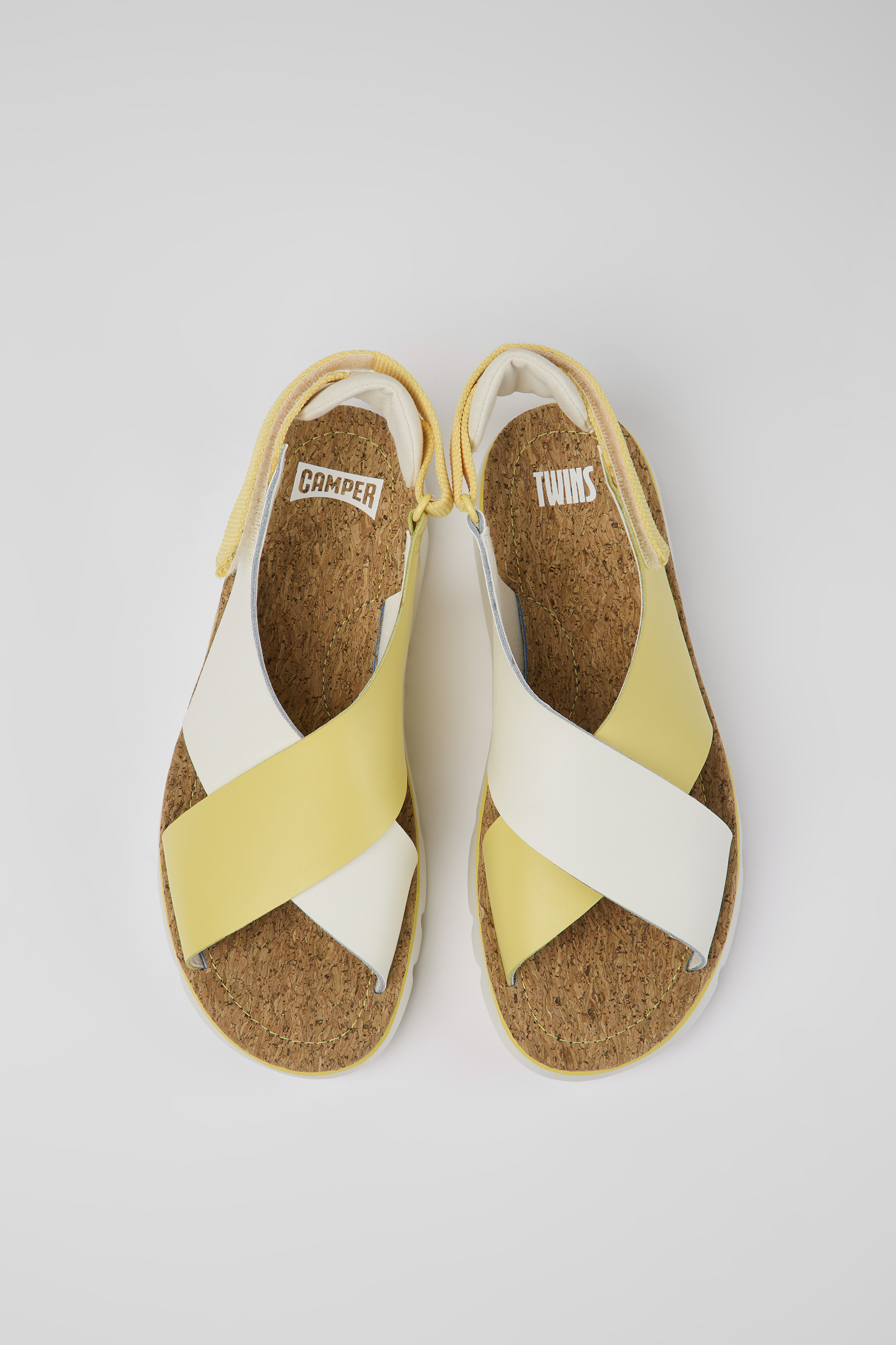 Twins - White and yellow leather and textile sandals for women