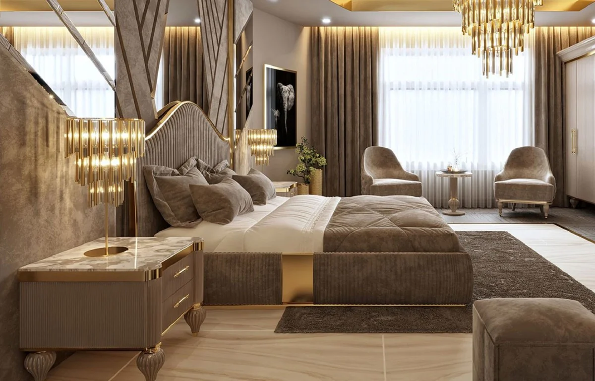 Casa Padrino cama doble Art Deco de lujo gris / oro - Cama noble de madera maciza con cabecera - Muebles de Dormitorio y Hotel Art Deco - Colección de Lujo