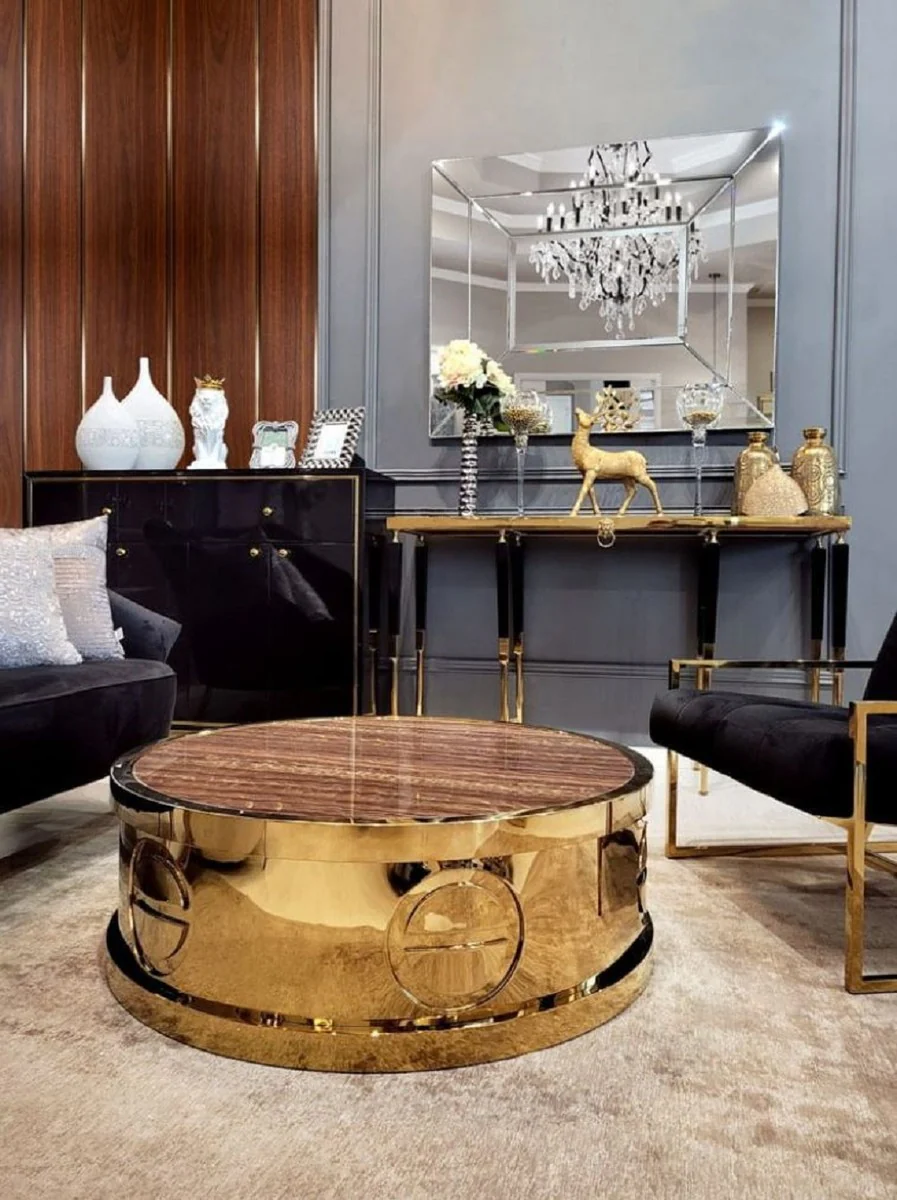 Casa Padrino mesa de centro de lujo oro / marr¨®n ? 95 x A. 32 cm - Mesa de sal¨®n redonda con tablero de m¨¢rmol artificial - Muebles de sal¨®n - Muebles de hotel - Muebles de lujo