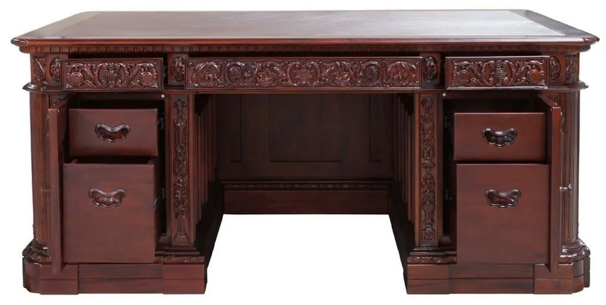 Casa Padrino Escritorio de Caoba Barroco de Lujo Marr¨®n Oscuro / Marr¨®n 185 x 125 x A. 83 cm - Magn¨ªfica Mesa de Oficina de Madera Maciza Barroco - Muebles de Oficina de Caoba Oficina Barrocos