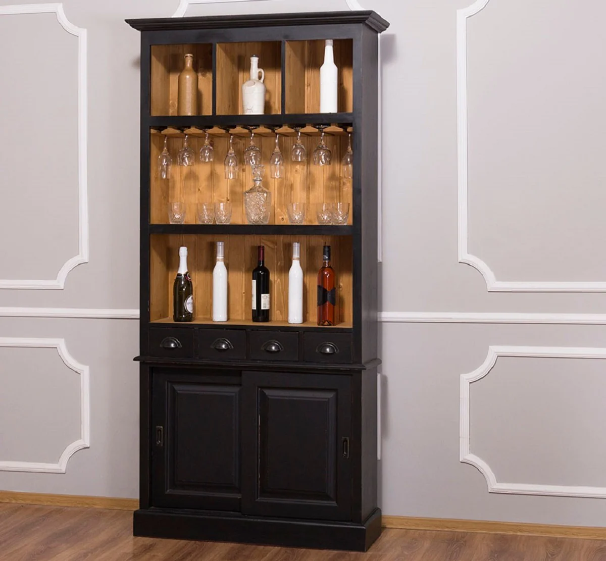 Casa Padrino gabinete de vino de estilo campestre negro / natural 103 x 36 x H. 210 cm - Gabinete de Bar en Estilo Campestre