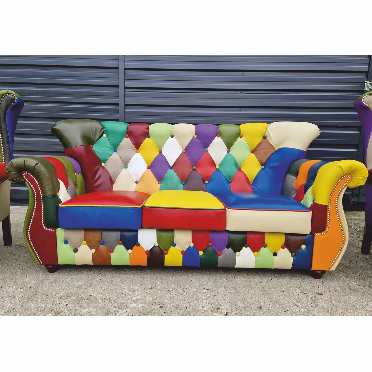 Casa Padrino sof¨¢ Chesterfield de lujo en piel colorido / marr¨®n oscuro 200 cm - Muebles de cuero genuino patchwork