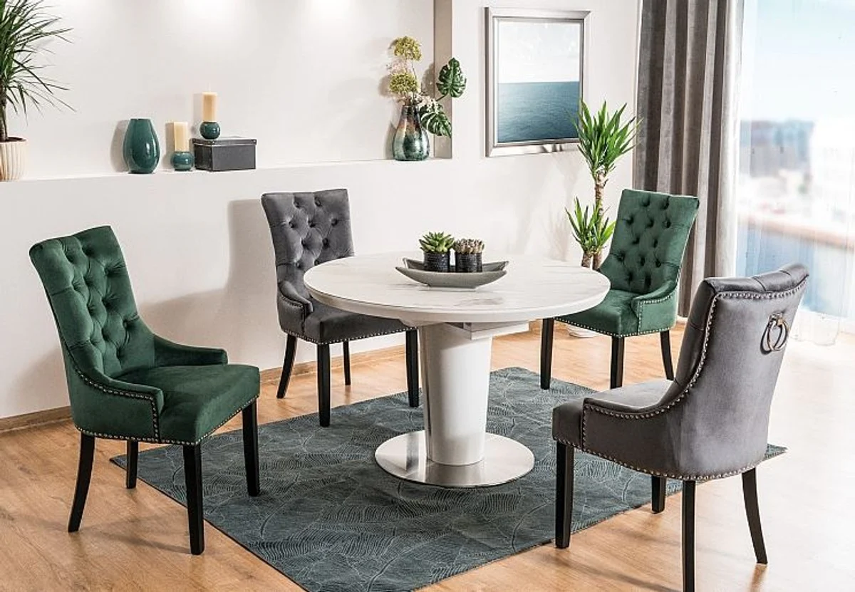 Silla de comedor Chesterfield de lujo Casa Padrino gris / plateado / negro - silla de cocina con tela de terciopelo - muebles de comedor