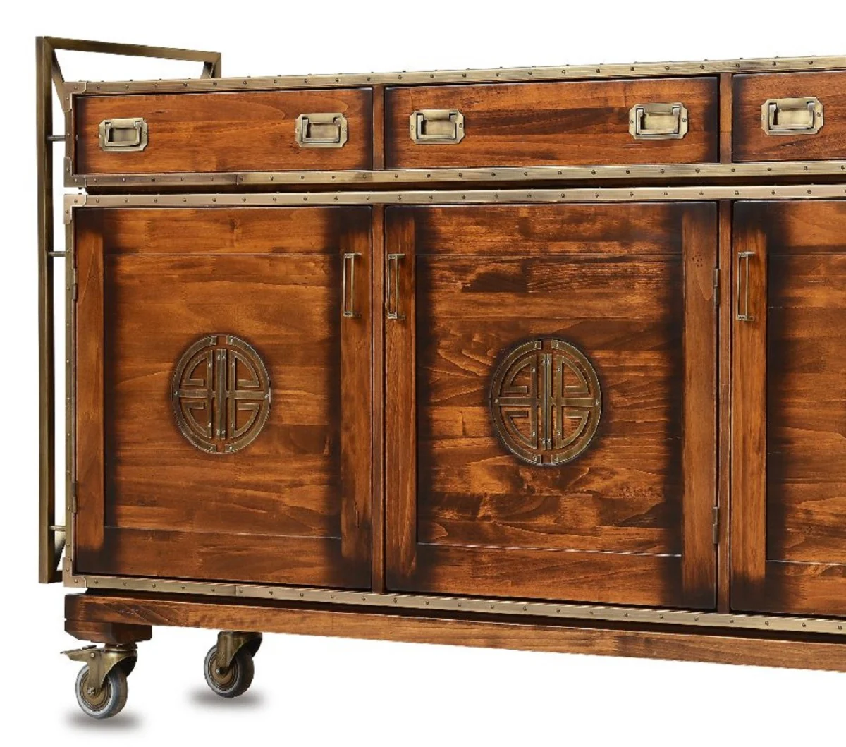 Casa Padrino aparador de estilo vintage de lujo con 4 cajones y 4 puertas marrón / latón 262 x 45,5 x A. 112 cm - Armario de estilo vintage - Muebles de madera maciza de estilo vintage de lujo