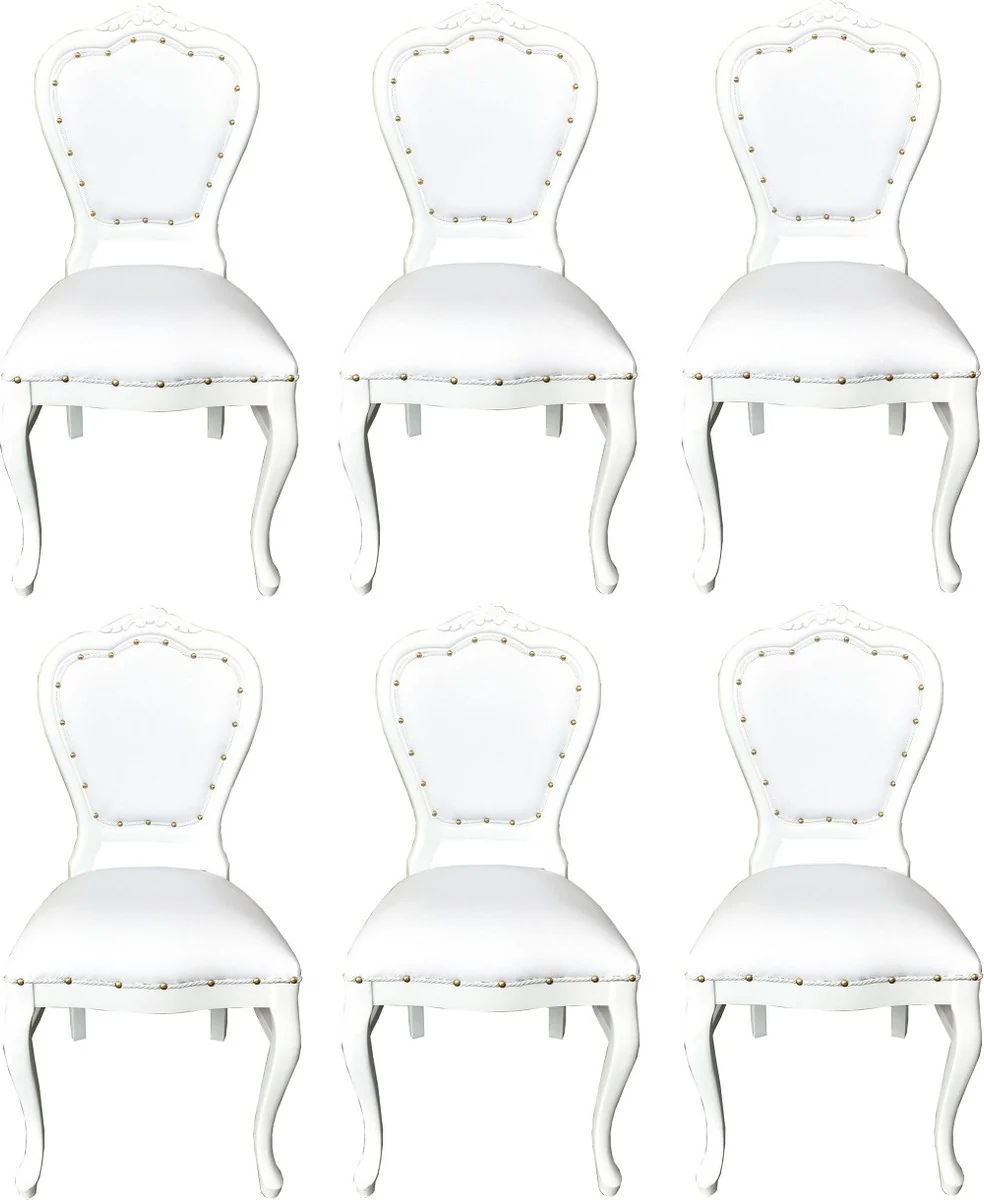 Casa Padrino Conjunto de Sillas de Comedor Barroco de Lujo Blanco / Blanco 45 x 47 x H. 99 cm - 6 Sillas de Comedor Hechas a Mano con Cuero Artificial - Muebles de Comedor Barrocos