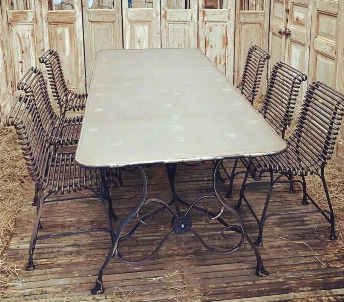 Casa Padrino Conjunto de Muebles de Jard¨ªn Art Nouveau de Hierro Forjado Crema Antiguo / Marr¨®n Antiguo - 1 Mesa de Comedor de Jard¨ªn y 6 Sillas de Jard¨ªn - Muebles de Jard¨ªn Barroco y Art Nouveau